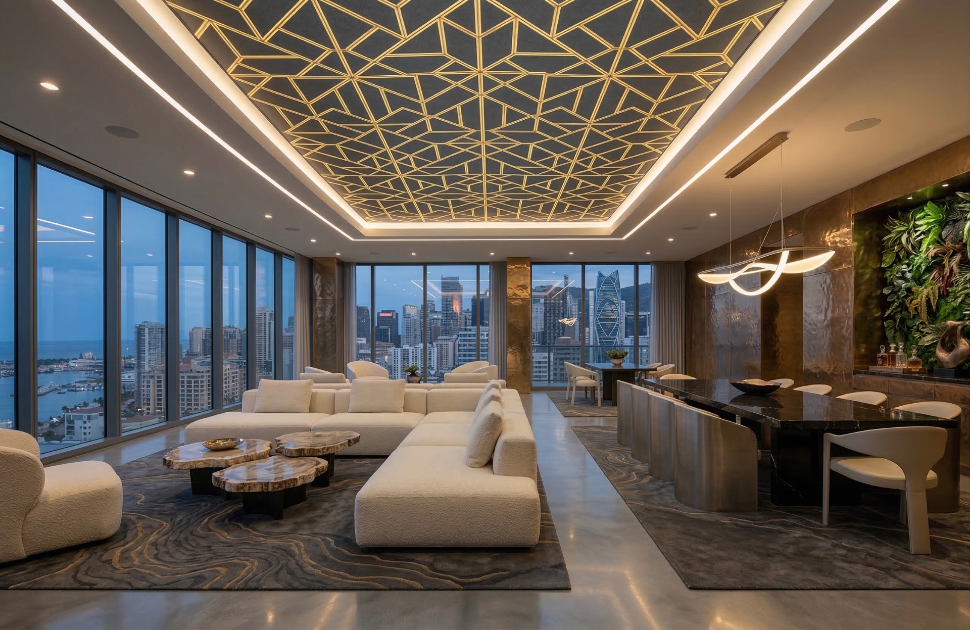 3D stretch ceiling with geometric patterns in luxury penthouse