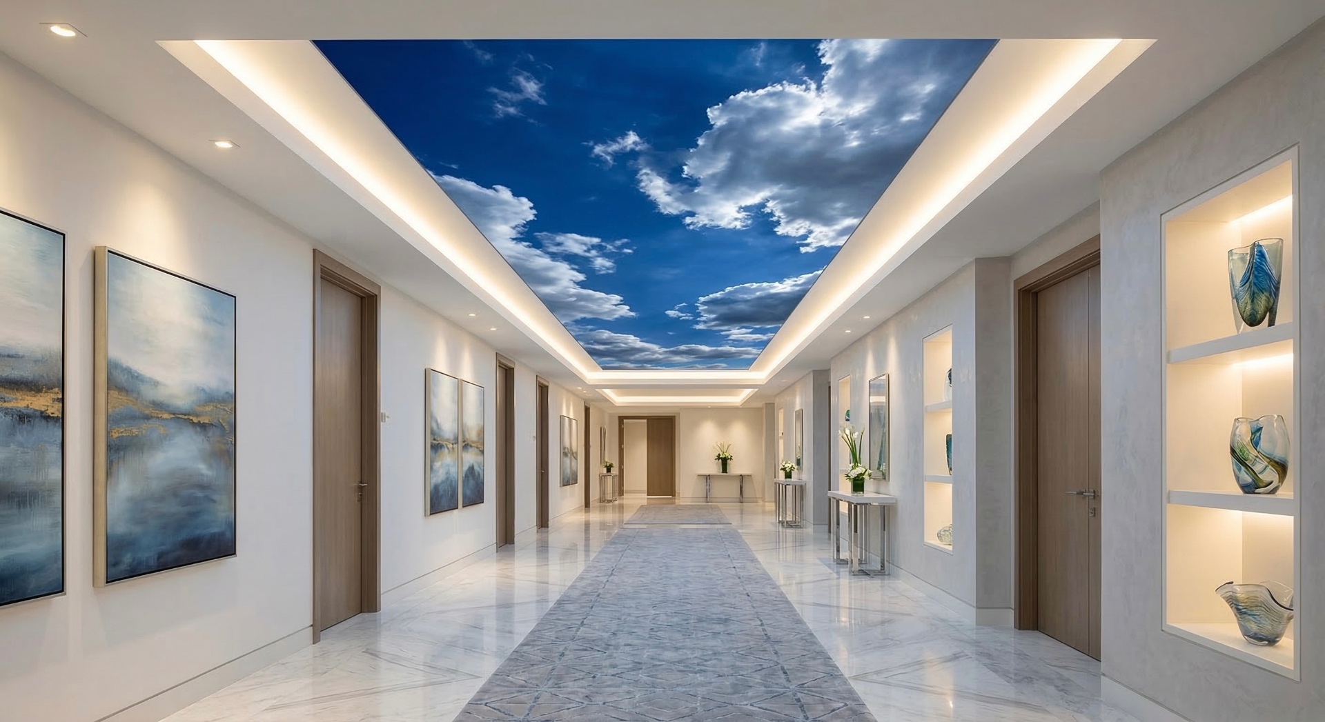 3D ceiling with sky print in elegant hallway