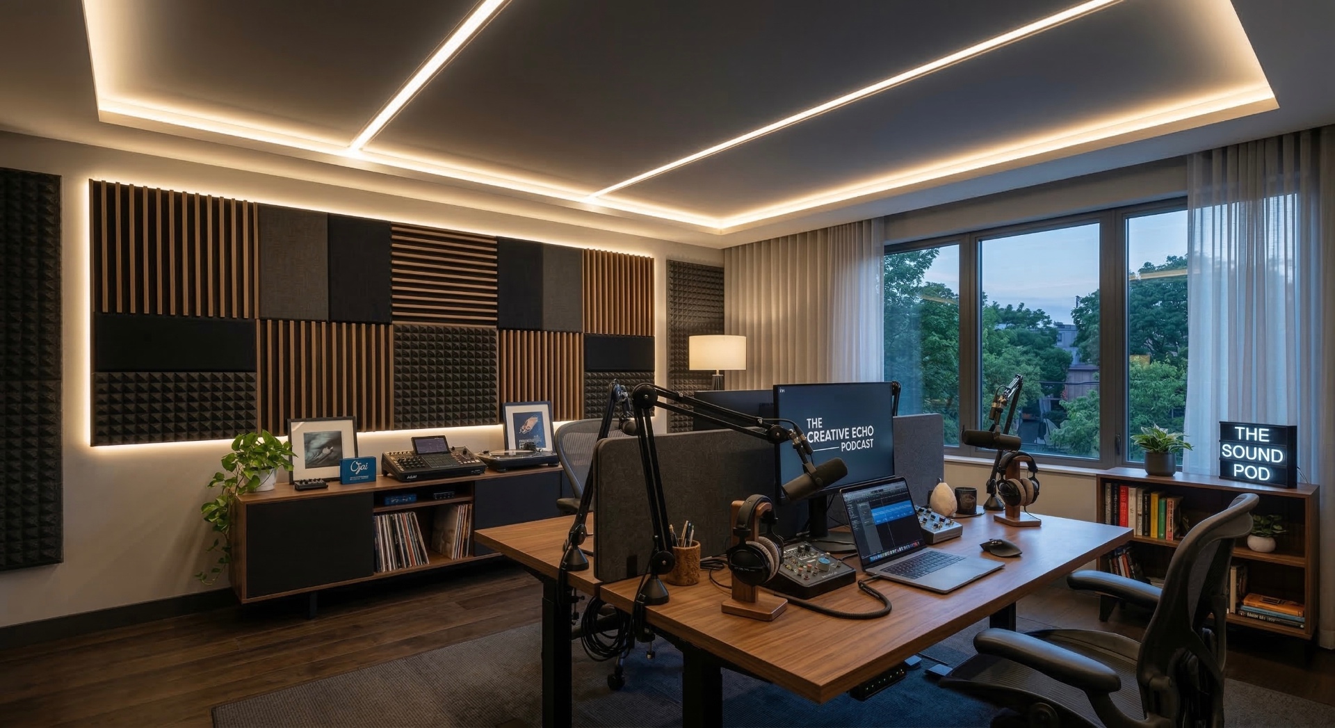 Acoustic ceiling in podcast studio