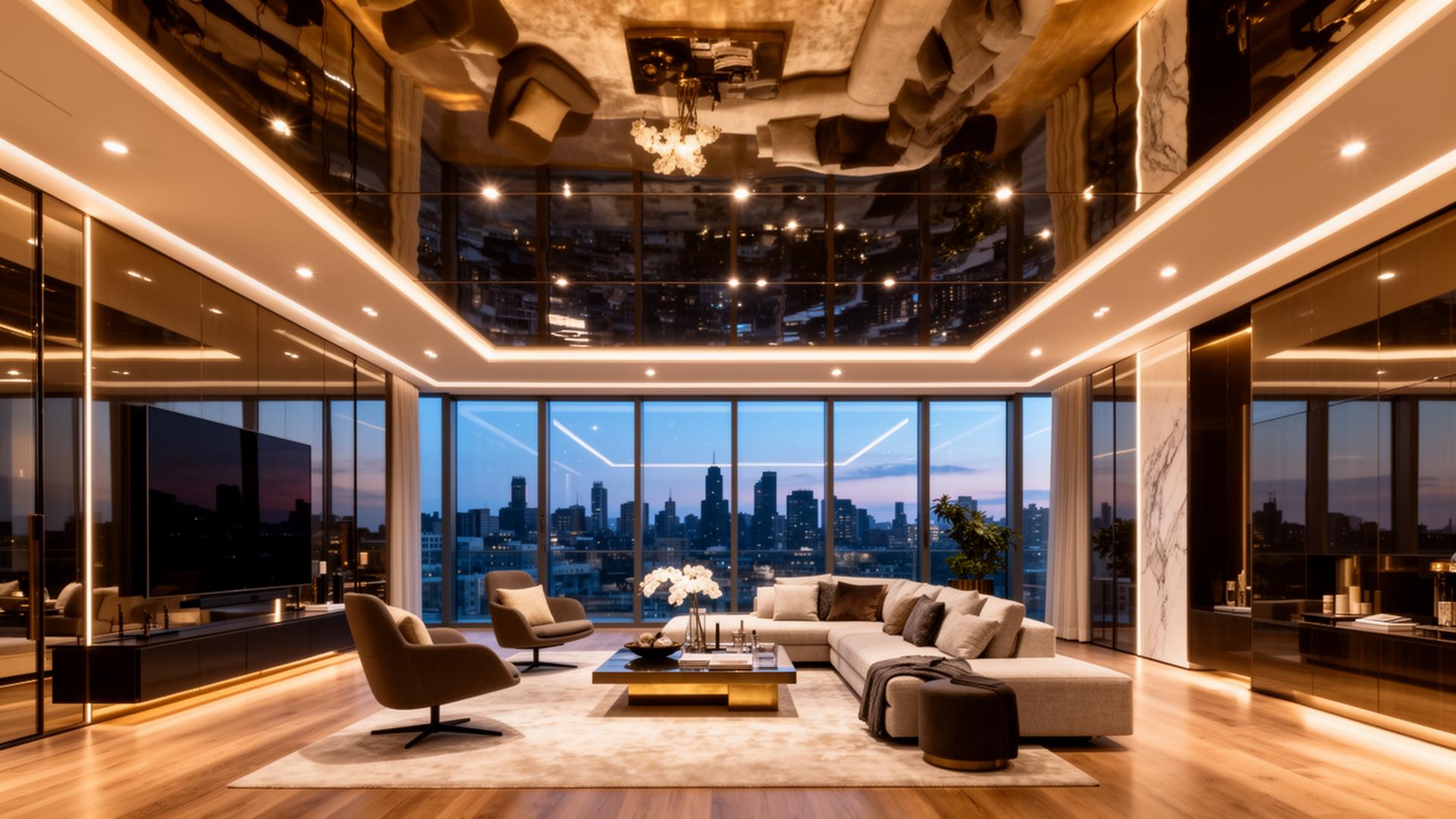 Luxury penthouse living room with high gloss lacquer stretch ceiling reflecting the room like a mirror