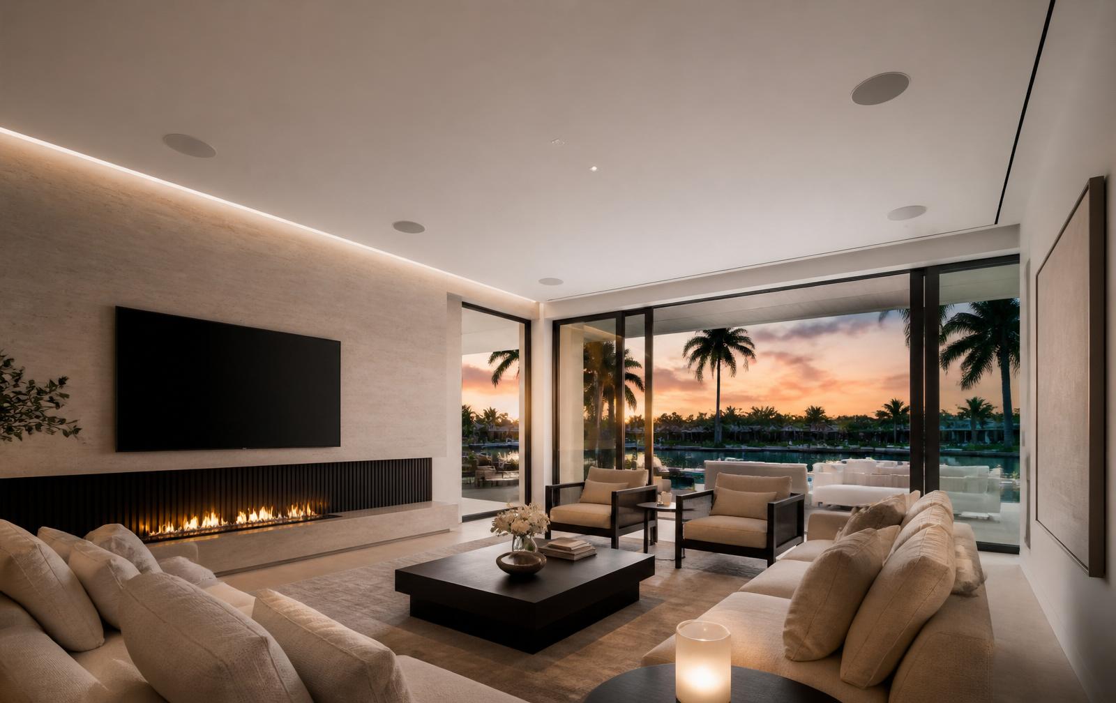 Luxury living room with flush in-ceiling speakers integrated into a matte white stretch ceiling