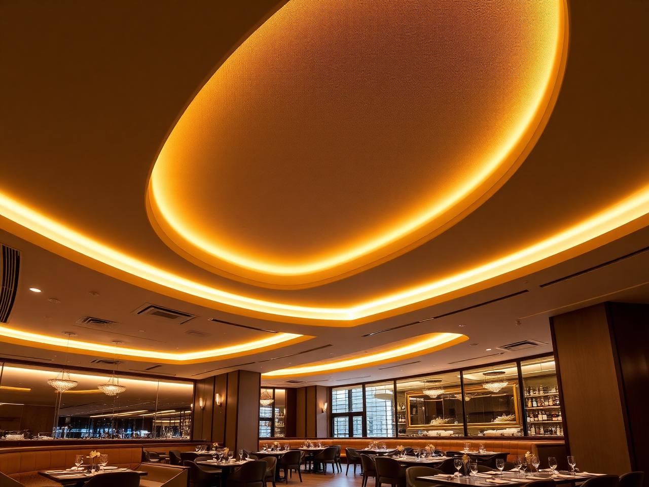 Modern restaurant with integrated cove lighting in a seamless architectural ceiling