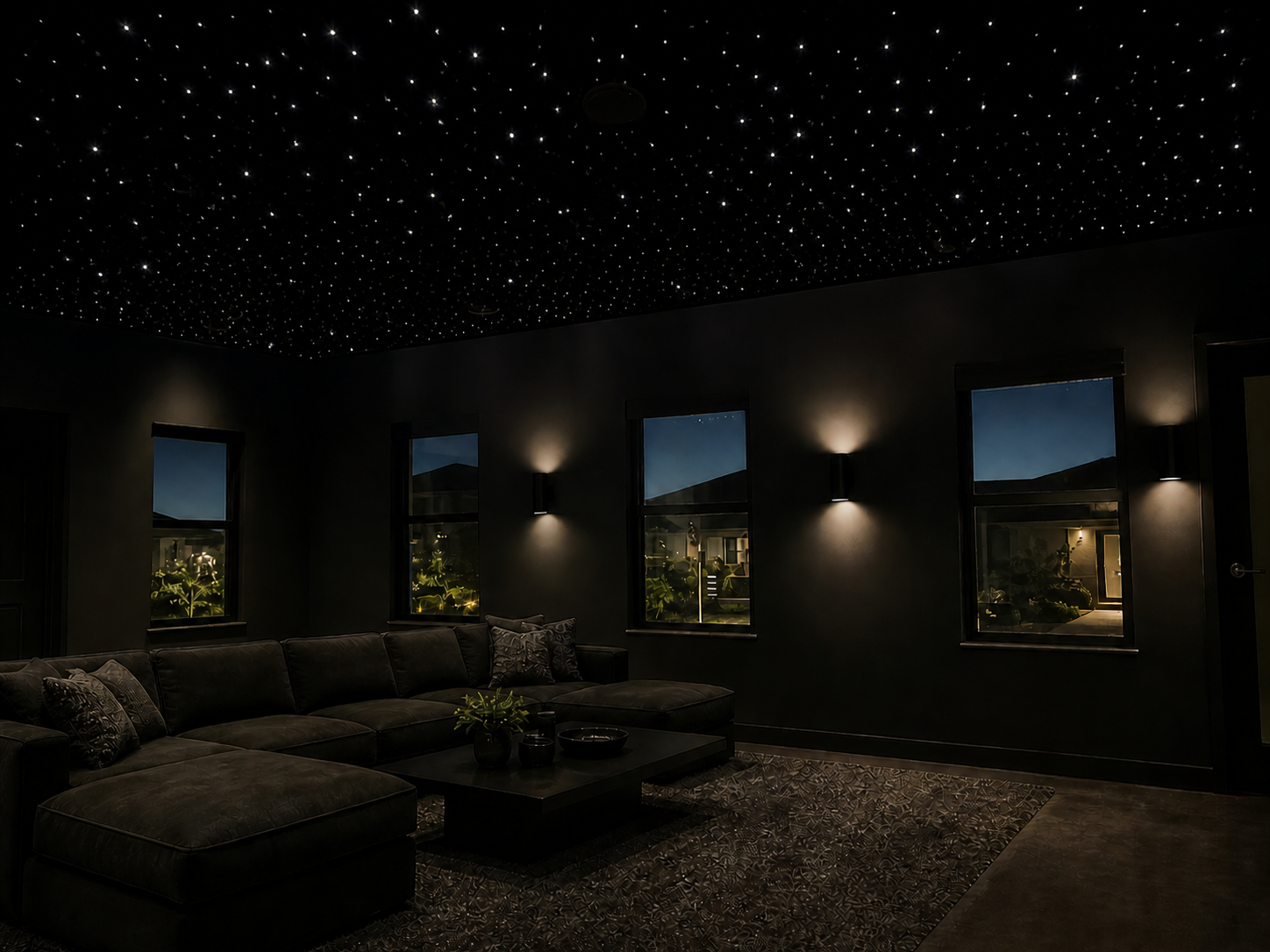 Custom fiber optic starlight ceiling above luxury seating