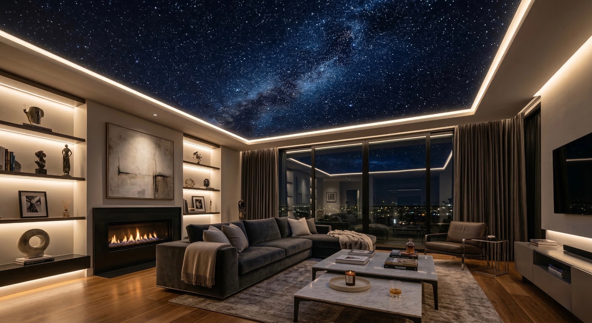 Modern galaxy ceiling with LED accents in luxury living room