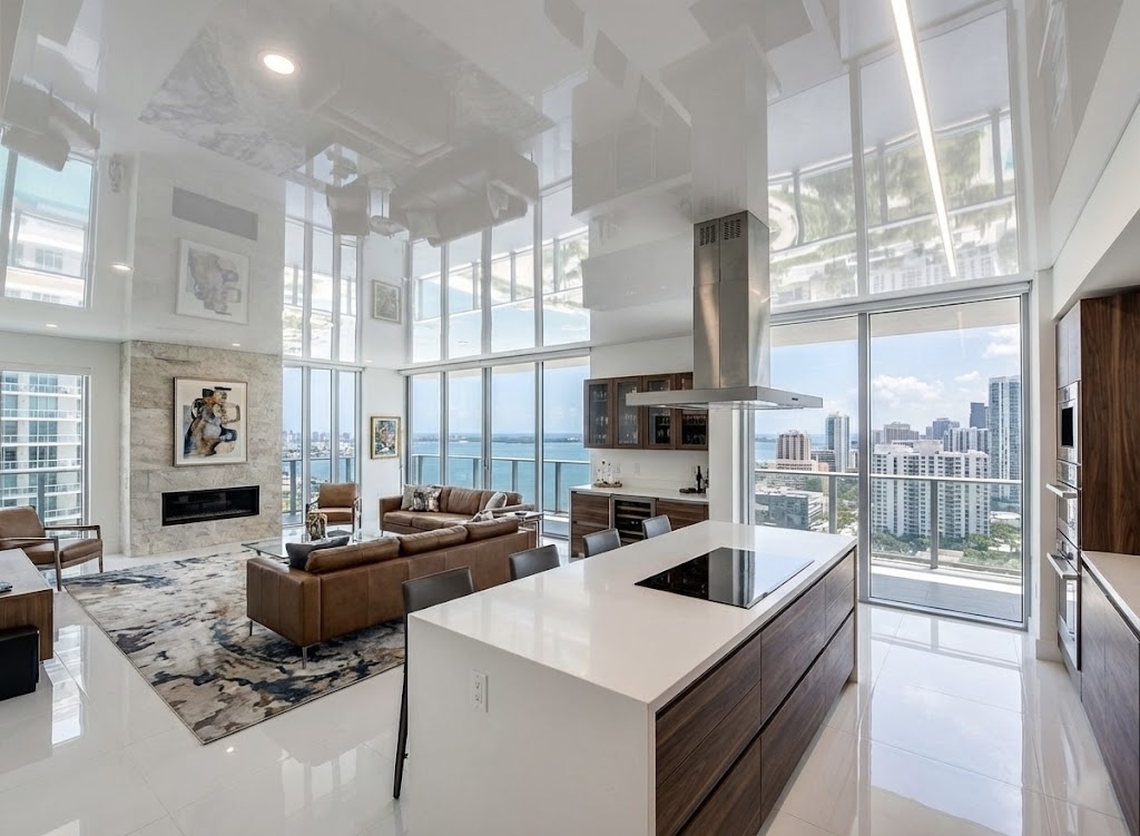 Glossy stretch ceiling in penthouse interior