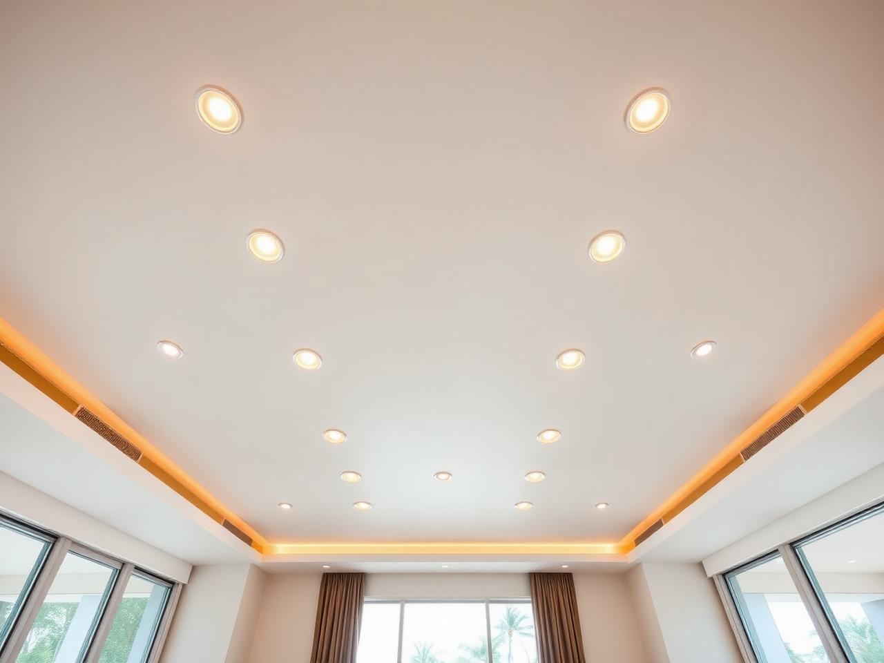 Standard recessed puck lighting in a modern stretch ceiling