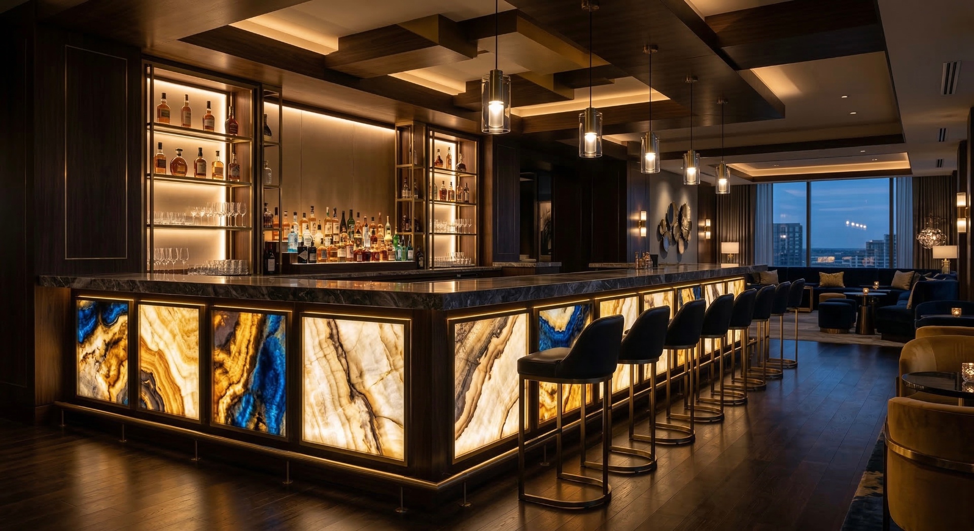 Multi-panel illuminated bar feature with commercial decorative lighting