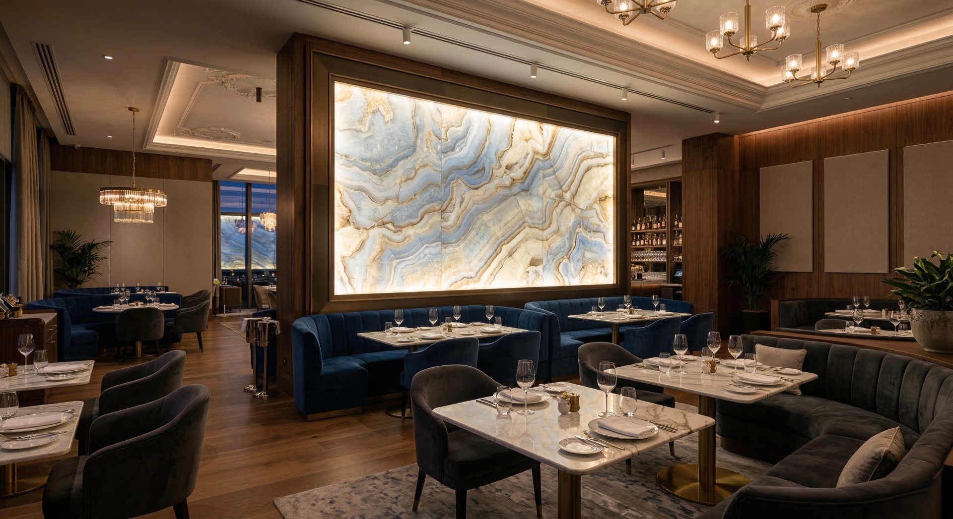 Decorative LED illuminated wall panel in luxury restaurant interior