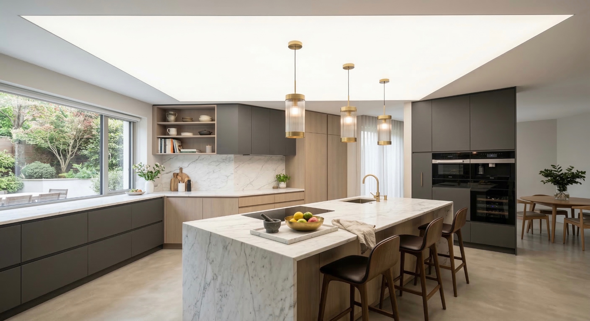 Luminous backlit ceiling in luxury kitchen