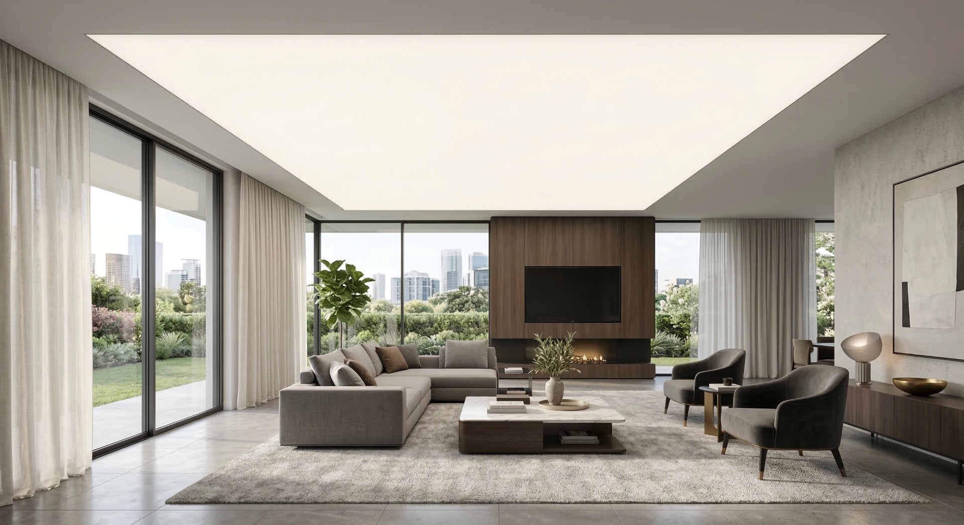 Luminous stretch ceiling in modern living room