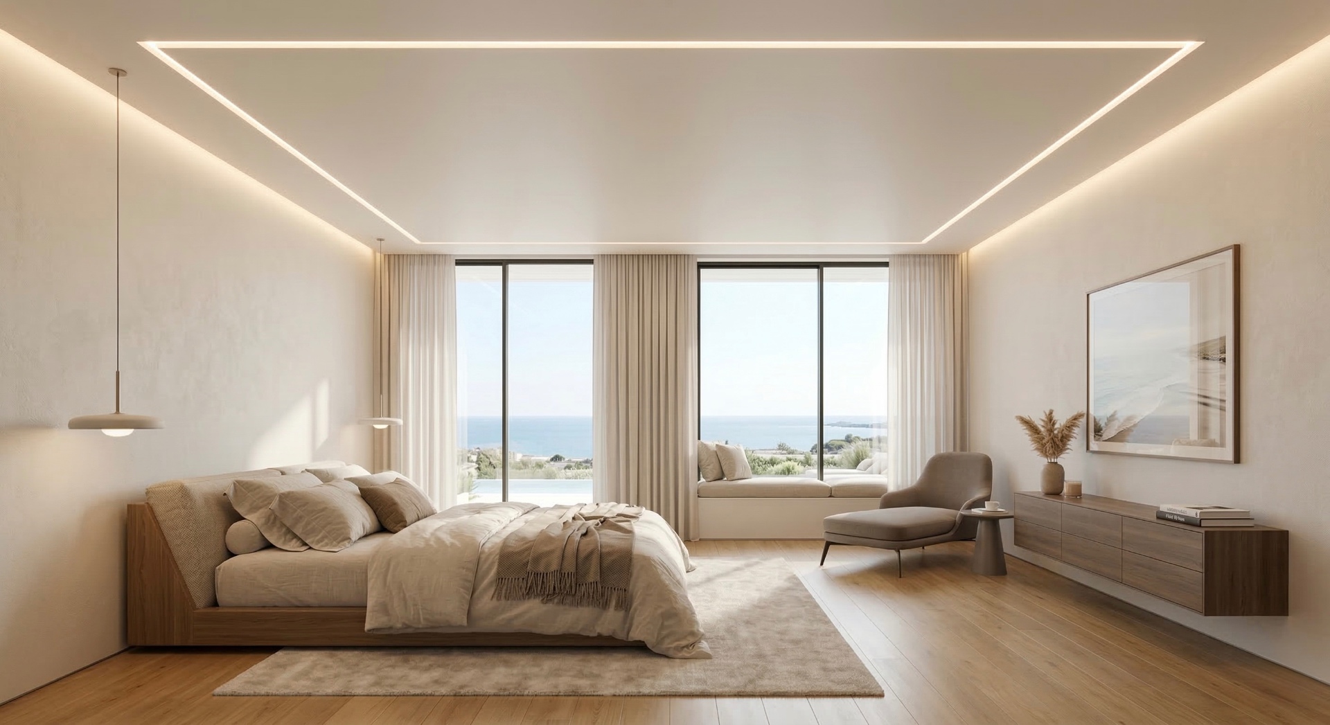 Matte ceiling with LED lighting in bedroom