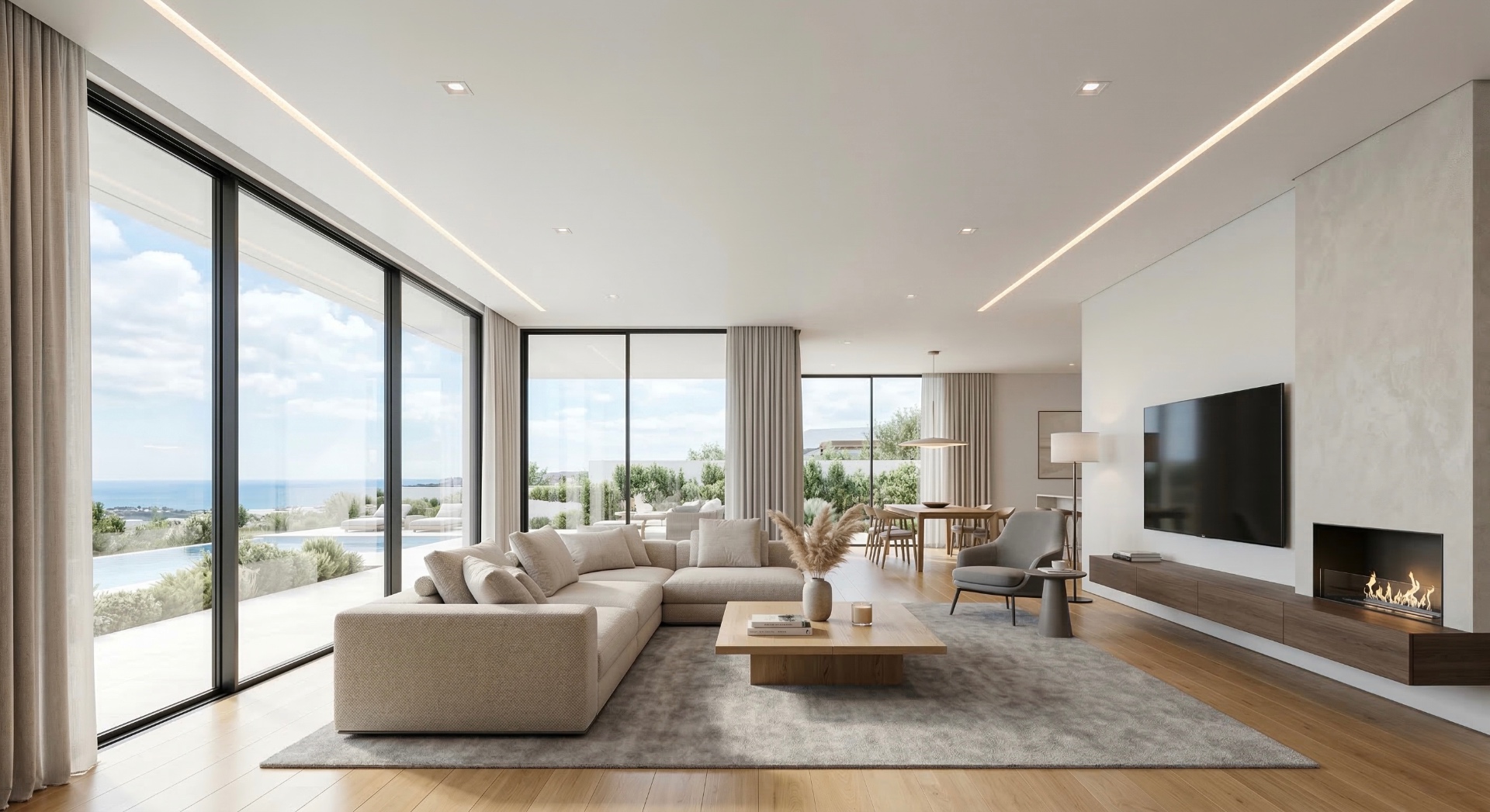 Modern matte stretch ceiling in luxury living room