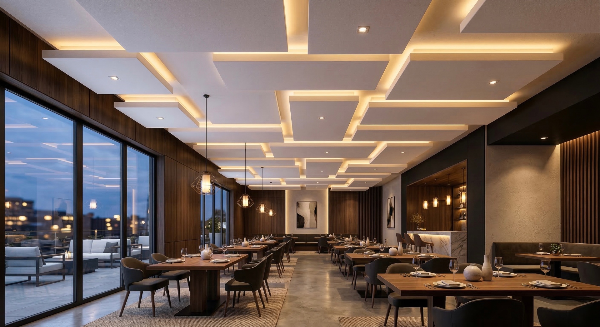 Multi-level floating ceiling panels with modern architectural design