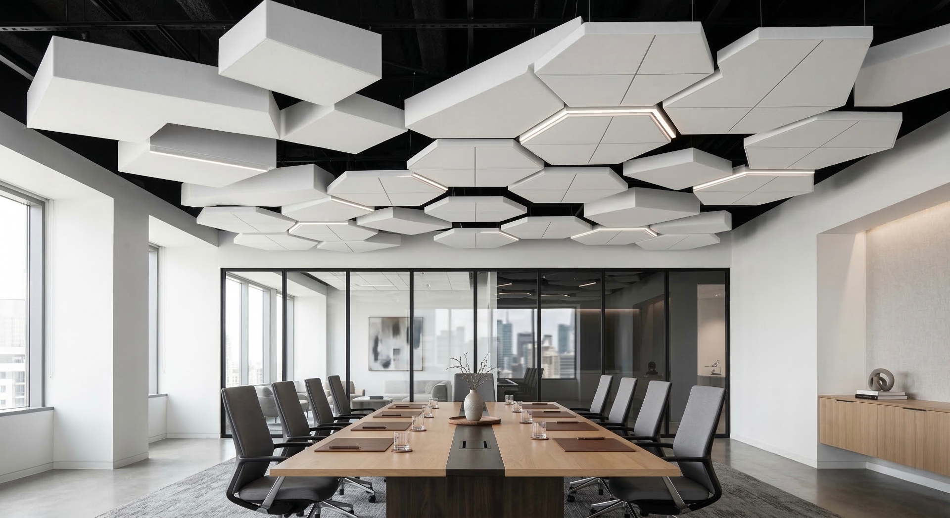 Geometric multi-level ceiling design with hexagonal suspended panels in modern conference room