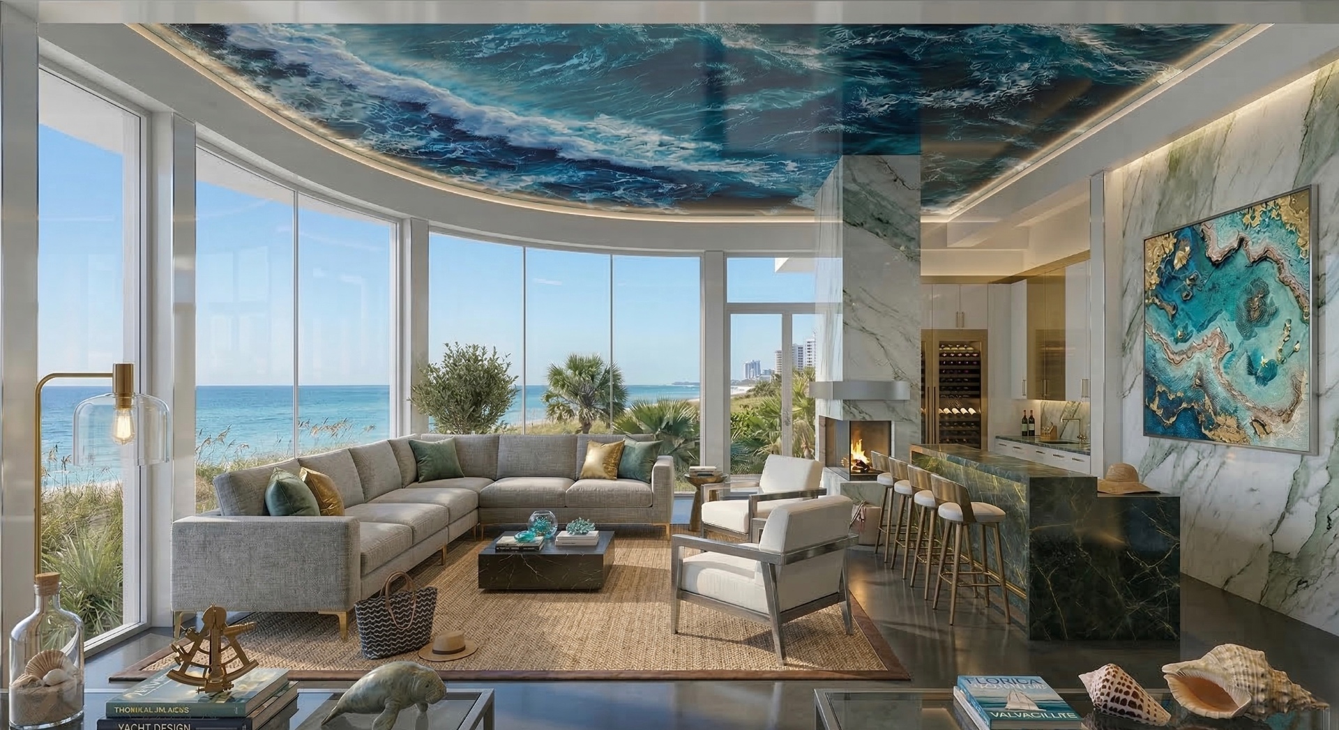 Ocean inspired printed stretch ceiling in luxury beachfront living room
