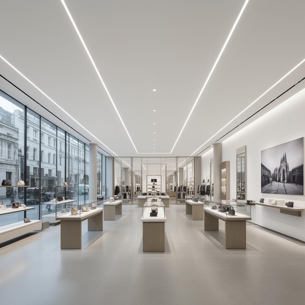 Modern luxury retail store interior with seamless stretch ceiling and integrated LED lighting