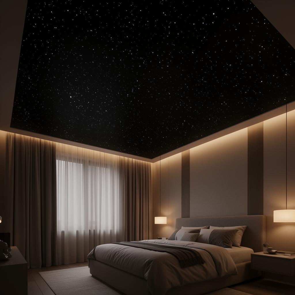 Starlight ceiling on a matte black stretch ceiling finish