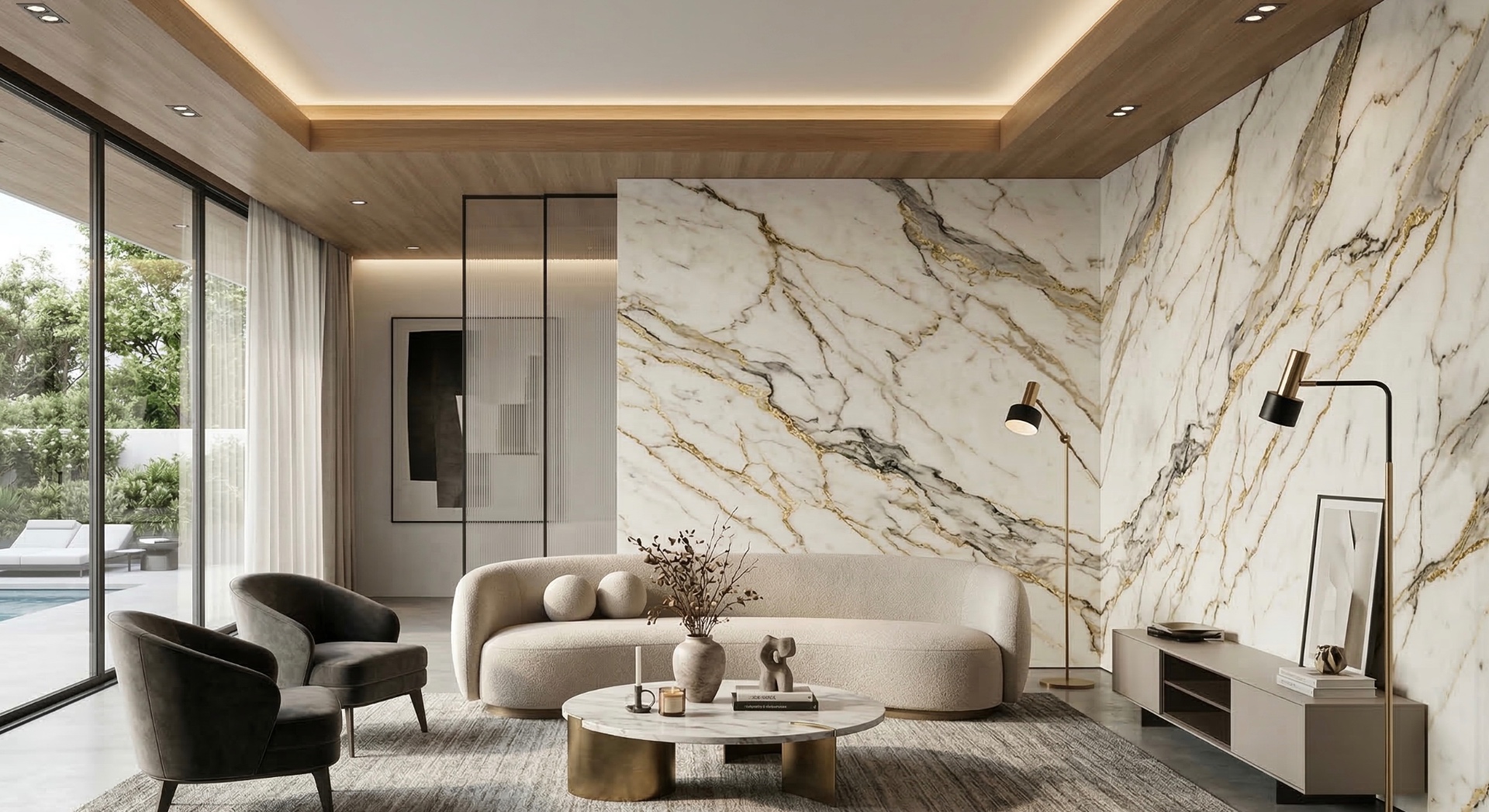 Marble feature printed wall covering in luxury living room