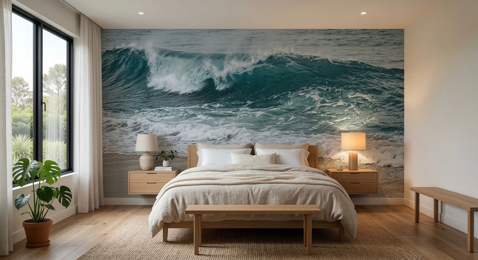 Ocean wave custom wall mural in modern bedroom